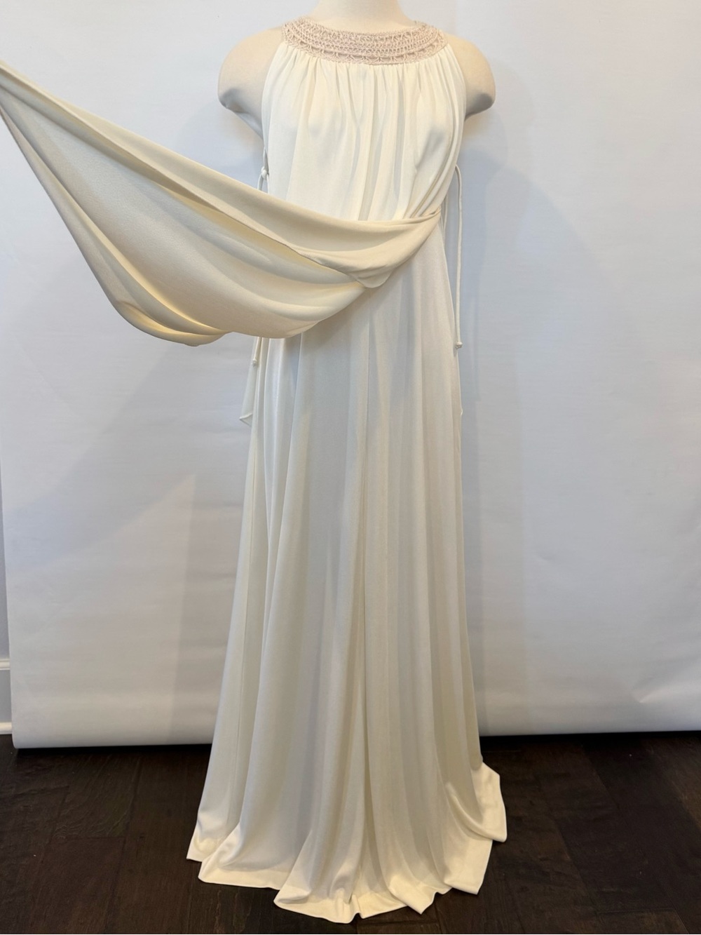 Joseph Magnin Silky Satin Ivory Vintage Goddess Maxi Gown Halter Kaftan Dress - Picture 7 of 15